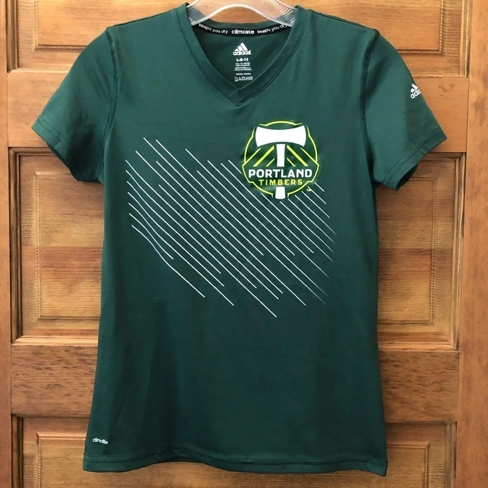 Adidas climalite youth L-14 Portland Timbers/  green v neck tee